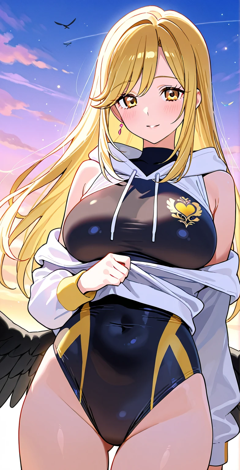 gigantic breasts ,cute smile,long gold hair,squeeze ,Underboobs,view from below