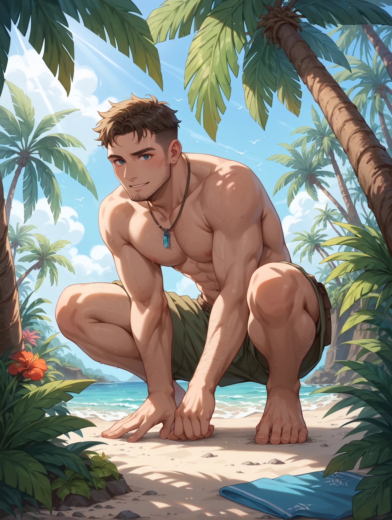 (watercolor:1.2),1boy, solo, flower, coconut tree, freckles, portrait, leaves, bare forehead,, yellow flower, brown hair, green eyes, nude, erection, delicate skin,