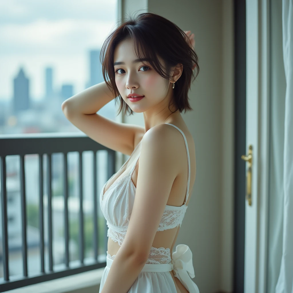 realistic, Hot girl wearing a navy blue bra, An absent-minded attitude, big breasts, cute sexy poses, In a small skyscraper bedroom at night, mood light, Window with night city view, raindrops on the window, Rainy night, Volumetric light, movie light, depth of field, Bokeh, Masterpiece,