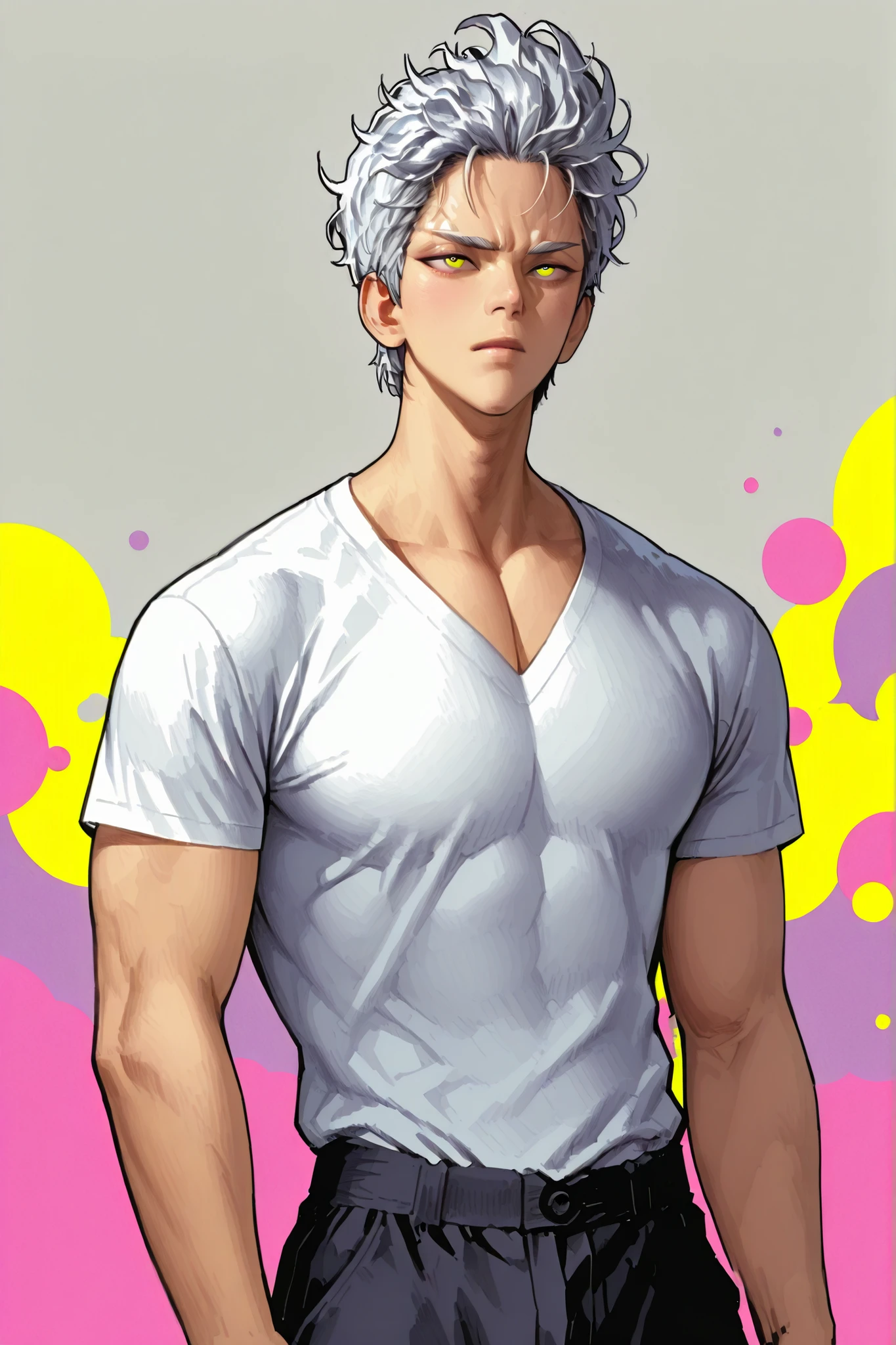 Colorful background with silver hair and yellow eyes based on Yoo Sungjae's illustration, One Punch Man[Garou]. Garou 일러스트, Silver eyebrows, firm body, mature, realistic animation detailed expression, straight, Early 20s , HIGH QUALITY, male, The right pair of pants to wear as a top