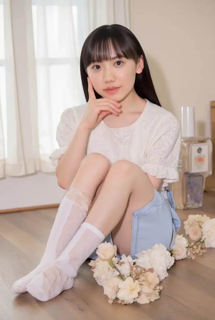 (8k、RAW Photos、highest quality、masterpiece:1.2)、(Realistic、Realistic)、1 girl、(( cute small ??????、knee high socks,See-through、small ???????、slim body, View from the front、Sitting,?????????:1.5,show me ?????, ???????????，raising hands above head))，smile,detailed face,detailed skin，detailed body, detailed