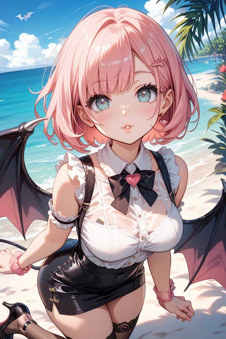 (masterpiece,best quality,ultra-detailed), an anime girl who is a playful and sweet succubus. She has candy pink m-shaped bangs short hair with twin ponytails, ruby round eyes, fruit bat ears and wings, wearing a gothic leotard with ruffle skirt, ankle straps on her barefoot, bending over to the right playfully, hands in a playfully pose, face in a playful expression, smirk playfully, looking at viewer