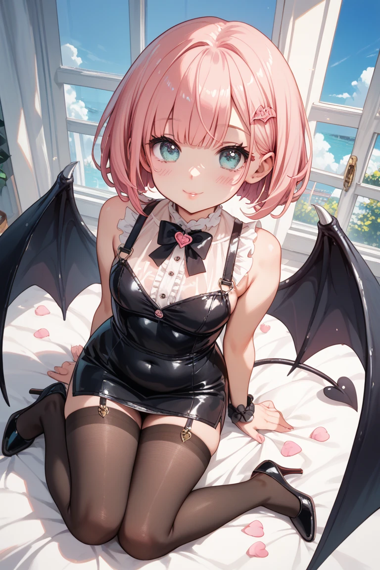 Pink hair. Pigtails. Red Gothic Frilly Corset Tops. Earring. Devil's wings. Fallen angel. Yami Ochi. Evil chi. Devil. Universe. Bed. Bedroom. Moon. Heart-shaped vacant chest. Collar with a ribbon attached with oval ruby. Blush. The devil's tail. Open mouth. Stick out your tongue. Sweat. Drool. Lick your fingers. Put your finger in your mouth. Get on your knees. Kneeling. Cover your eyes with a cloth: fang, heterochromia with blue snake-liked iris on the right, and red on the left. a drawing of a girl with horns and a demon costume, demon anime girl, full body adoptable, succubuedieval, beautiful succubus, anime full body illustration, gothic maiden anime girl, pretty anime character design, shadowverse style, anime character design, character adoptable, anime monster girl, anime character art, anime character; full body art, astral witch clothes