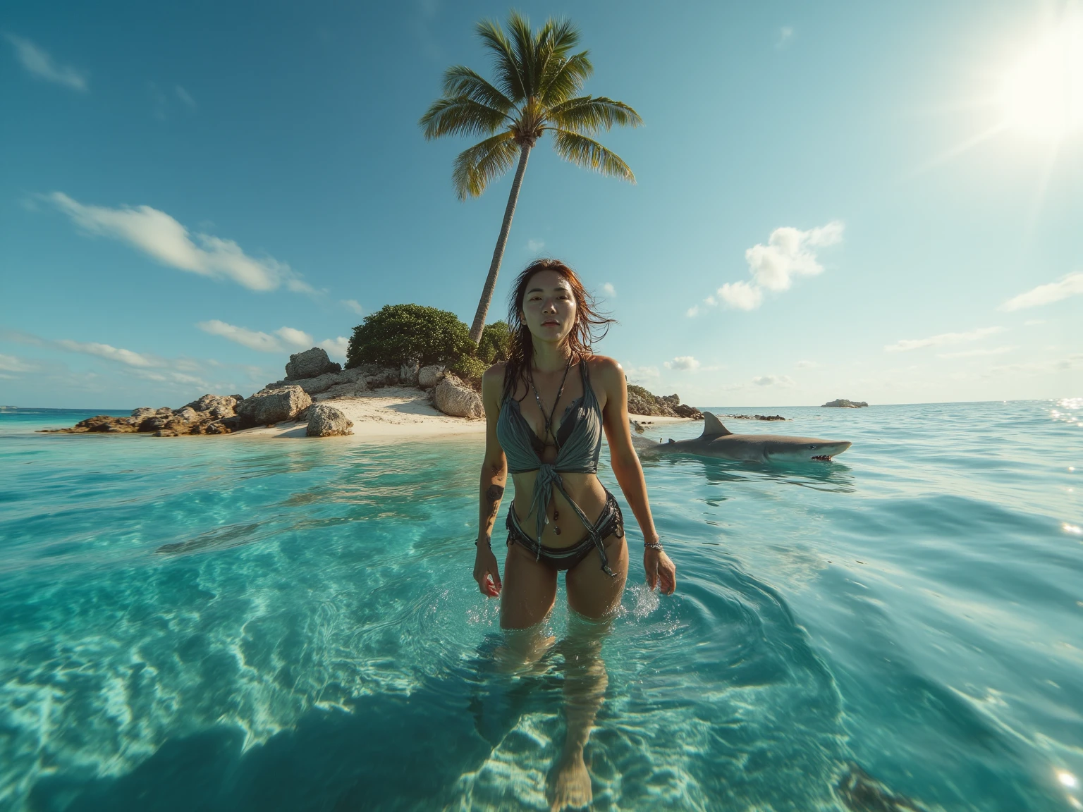 The cottage is on an island in the middle of the sea. The atmosphere is natural and beautiful. The sea is emerald green. Young woman walks in a swimsuit. Camera image. Clear 8 K image.