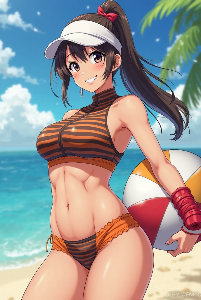 Fuka,brown hair,twintails,brown eyes,smiling,blue jacket,
standing,yellow bikini, x,
beach,
(insanely detailed, masterpiece, best quality),<lora:Fuka:0.8>,