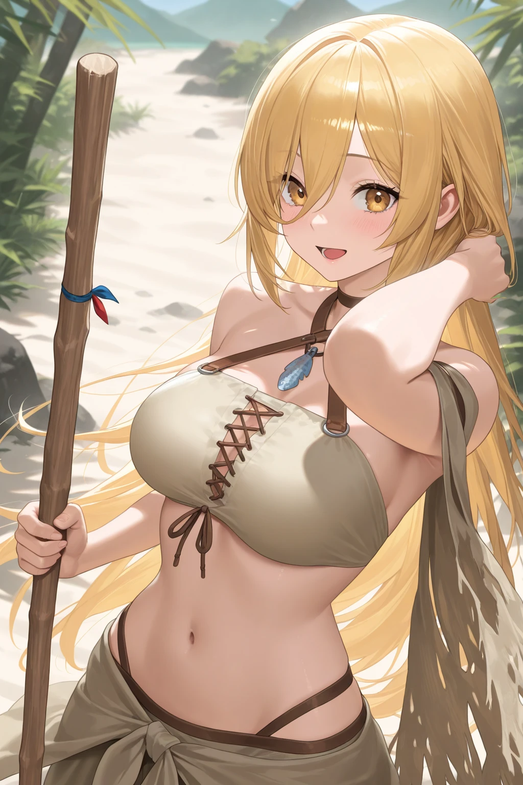 marie rose, Tribal, loincloth, cleavage, small breasts, blush, arms, outdoor, holding arms, Are standing, black skin