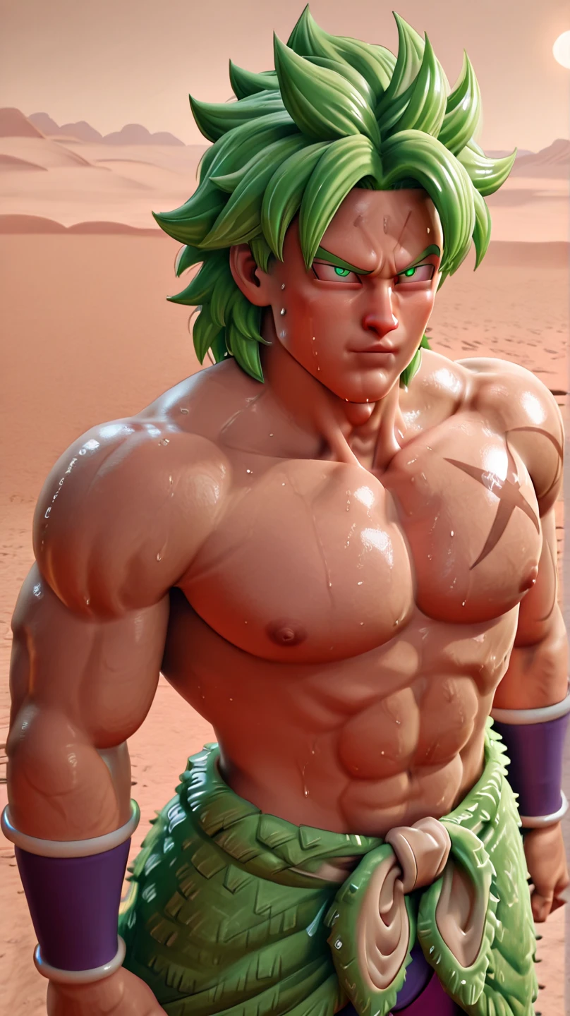 Super saiyan , broly green hair,bare chest, realistic photo, 4k quality