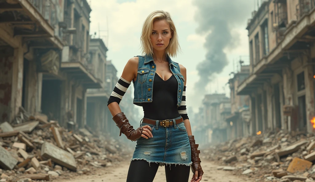 a hyper-realistic image of a strikingly beautiful woman standing in a post-apocalyptic urban environment. She has long, flowing brown hair that is tousled by the wind, piercing blue eyes, and a determined expression. She wears a form-fitting, dark blue crop top that highlights her athletic build, and her toned arms are adorned with leather straps. She has a tattoo of a leaf on her right upper arm. Her outfit includes rugged, brown tactical pants with utility belts and pouches, emphasizing her role as a warrior or survivor. The background should depict a desolate cityscape with dilapidated buildings and rubble, creating a sense of chaos and destruction. The lighting should be natural, with a soft focus on the background to draw attention to the detailed and vivid portrayal of the woman in the foreground. Distant full body view, vibrant colors, 16k