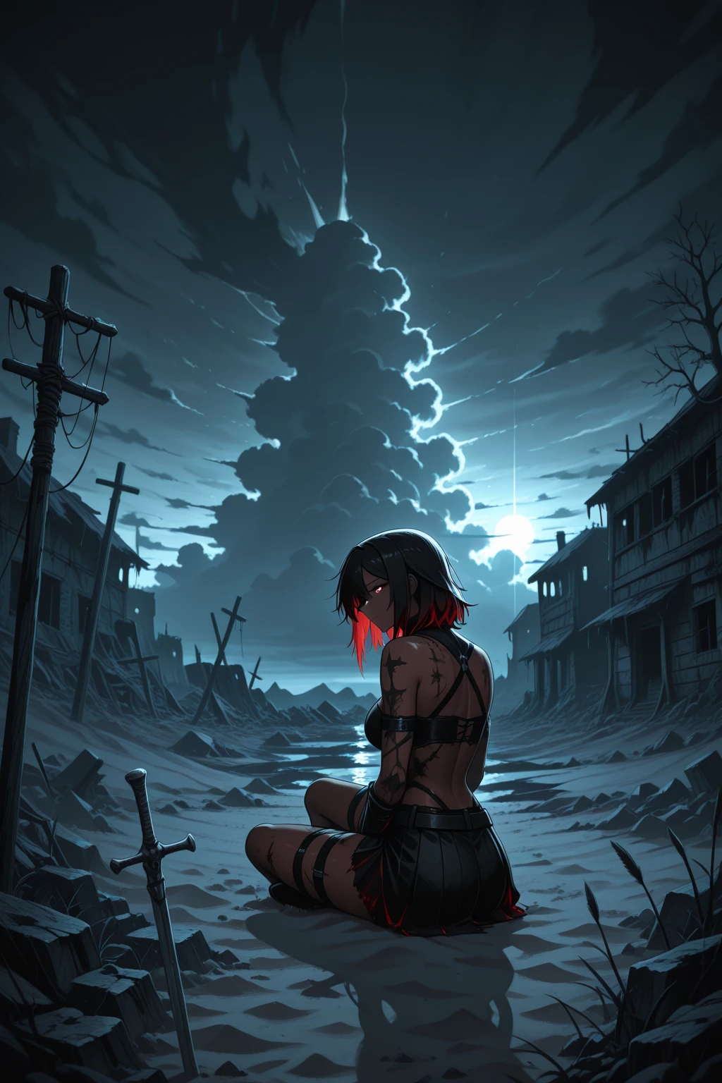 (masterpiece, best quality, ultra-detailed:1.2), post-apocalyptic atmosphere, illustration, dramatic lighting, red sky, cinematic, (dirty, gritty, dirty face:1.2), (ugly:1.2), war, shelling, rain, desolation, radiation, wet, storm, (detailed eyes:1.2), sitting, campfire, pov, pale skin, forlorn, long hair, faint smile, stressed, wet hair, scar, looking at viewer, leather, medium breasts, ruins, ruined city, black smoke, dead trees, sky, girl on top, depth of field, (backlighting:0.9), <lyco:GoodHands-beta2:1.0>, <lora:lowra_v10:0.5>