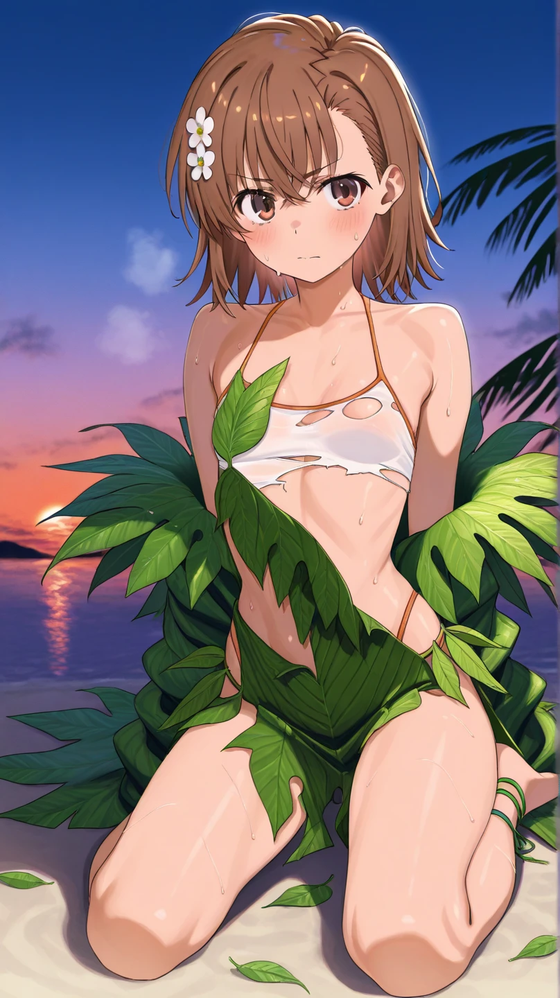 (detailed background), (masterpiece), (4k), (best quality), tan skinned anime girl, dressed in a cute bikini top and flowy skirt, curled up in a peaceful slumber on a grassy hill, her hand pressed against her stomach in discomfort. sweating, sweat beads all over her body