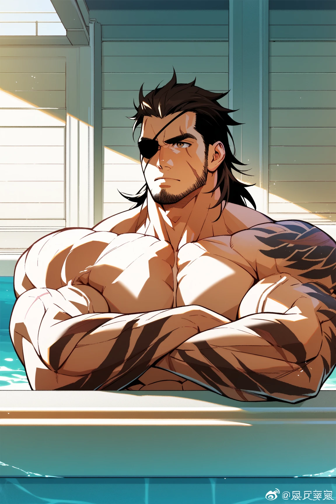 Black color hair，Dark skin，muscular boy，wearing a cowboy hat，swim wears，Japanese manga style