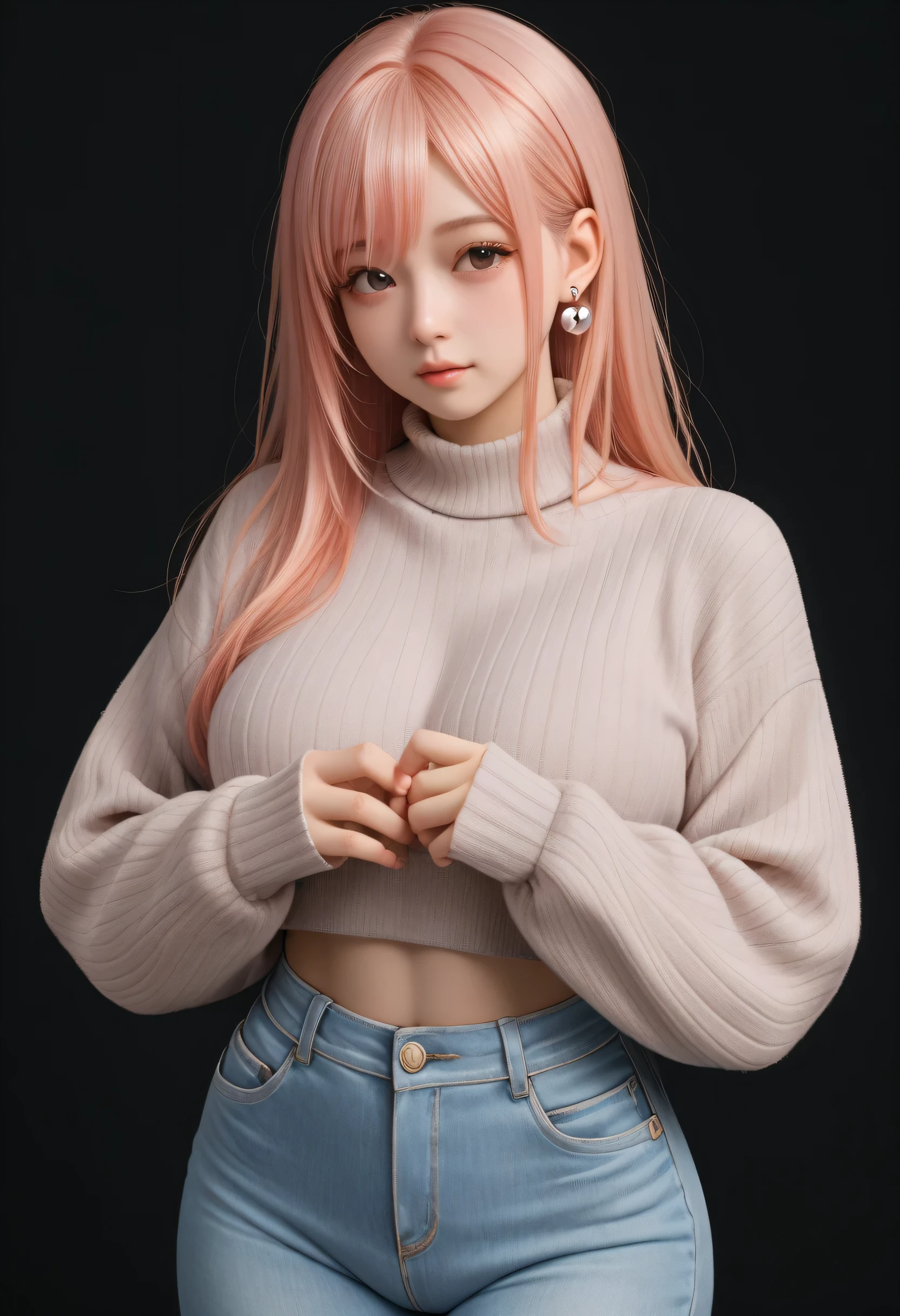Masterpiece, best quality, 8k, photo, realistic, 1girl, 17yo, (white short sweater, black skirt), (detailed natural breasts), (full body), (sexy pose), soft lips, pale skin, ( pink hair), (detailed eyes: 1.3), (novafrogStyle: 1.2), depth of field, blushing, shy, (smile: 1.1), blue eyes, (random color bars), bangs, ulzzang-6500-v1.1, pureerosface_v1:0.4, HDR