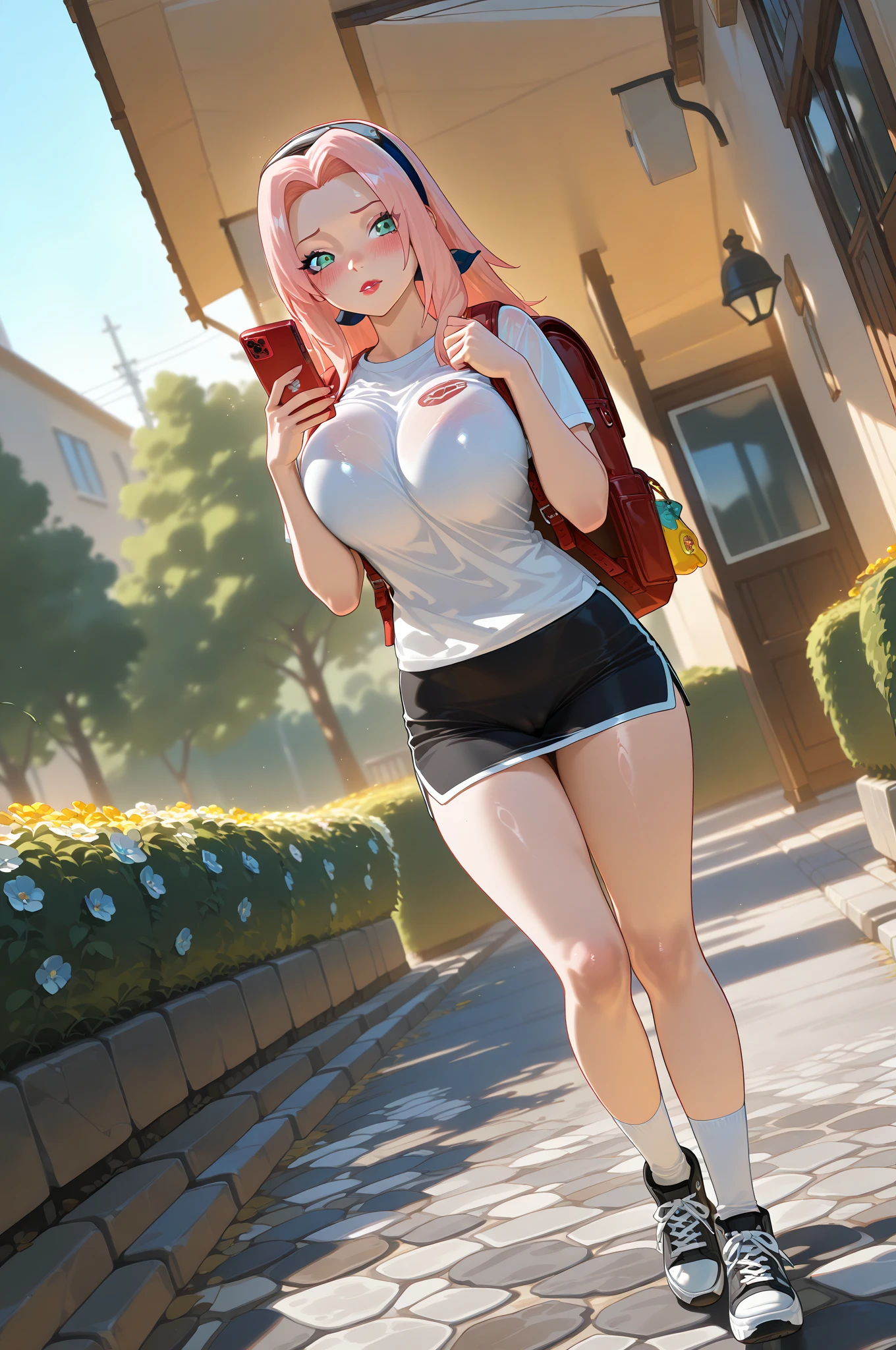 4k, fine detail, ultra high resolution, detailed face, delicate eyes, gradient eyes, gradient hair, light tracing, real skin, beautiful skin,
1girl, track pants, puffy short sleeves, standing, light smile, backpack,
street, city,
