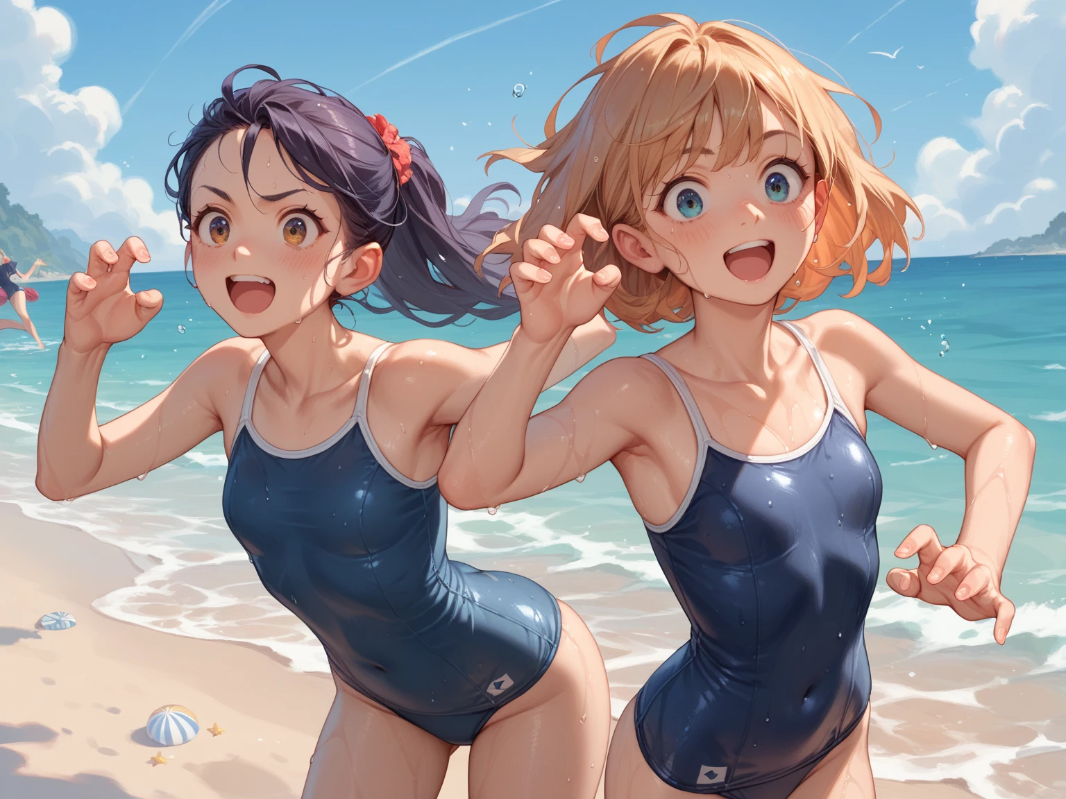 Best image quality, 8k, high quality, ((masterpiece)), (High detail), (((Perfect Anatomy, Perfect Style))), Depth of written boundary, Open Stance, (Mature Woman), (Cute illustrations:1.2), (Multiple girls with different hair colors and styles:1.2), (Three Girls The in the center faces the camera. looking at the camera), (in the morning, Beautiful light, Professional Lighting), (One piece turtleneck tight swimsuit), Dynamic pose, smile, Dynamic Angle, ((Armpits:1.2)), barefoot, Photographed looking up from the ground Angle including the crotch、 The whole body is wet and shiny, like it's been oiled.、cumulonimbus, Contrail, The blue sky spreads, Outdoor School Pool、 The sunlight reflects off the swimsuit, making it sparkle.