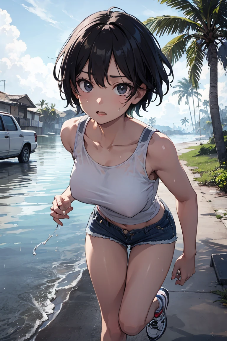 Original Character, Volumetric Lighting, Best Shadows, Shallow Depth of Field, Portrait Of Stunningly Beautiful Girl, Petite, Delicate Beautiful Attractive Face With Alluring Black Eyes, Sharp Eyebrows, Expressionless, Blush, Closed Mouth, Lovely Small Breasts, Layered Short Brown Twintail Hair, Blush Eyeshadow, Thick Eyelashes, Soaking Wet Clothes And Hair, See-Through Tank Top, Open Navel, white panties, Cloudy Rainy Sky, Standing At The Rural Village Bus Stop In The Pouring Rain, Village Gravel Road, Looking Up The Sky, Puddle Water, Rainy Foggy Rustic Scenery, (Highest Quality, Amazing Details:1.25), (Solo:1.3), Brilliant Colorful Paintings, covered_nipples