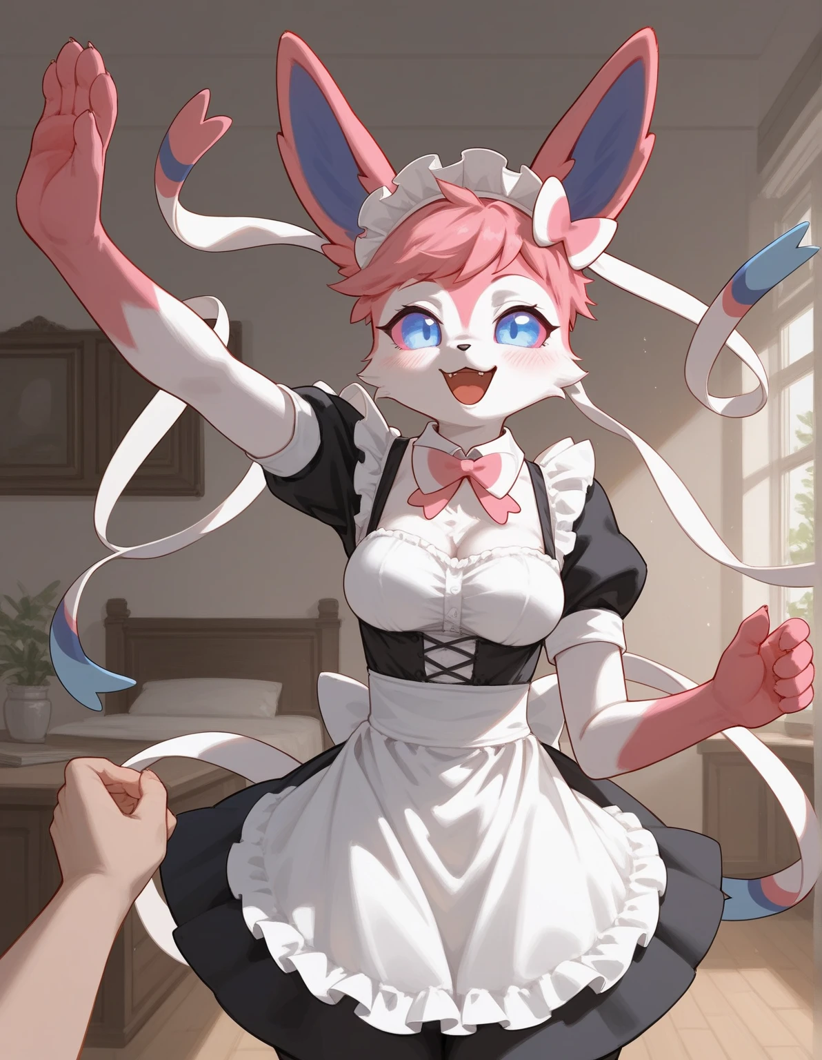 alone, score_9,score_8_up,score_7_up, an anthro furry female sylveon girl, black sclera, white eyes, wearing maid dress, bottomless, vagina, embarrased, blushing.