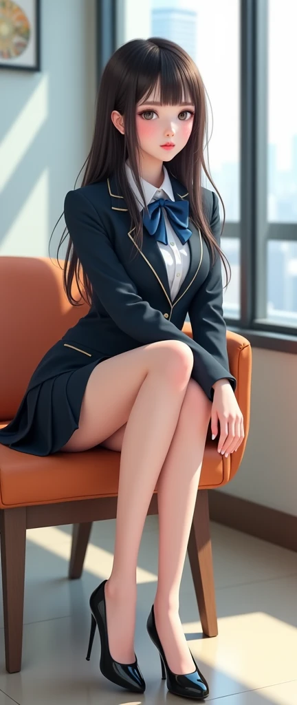 finest, masterpiece, High resolution, (full body), front, symmetrical, Mature tall high school girl, alone, (full body from head to toe), small breasts, slightly messy hair, (black tight track pantyhose), black pantyhose, composition showing white panties, slender beautiful legs, A very beautiful and tall 17 year old girl, ((not wearing shoes)) , shy big eyes, ( (brown hair)), (bangs), messy hair, (hair clip), looking at camera, showing white panties, (forced to sit with legs up)、white ruffle lingerie, high school uniform blazer, high school uniform white blouse, High school uniform with blue ribbon, high school uniform with 短い plaid pattern and navy pleated skirt