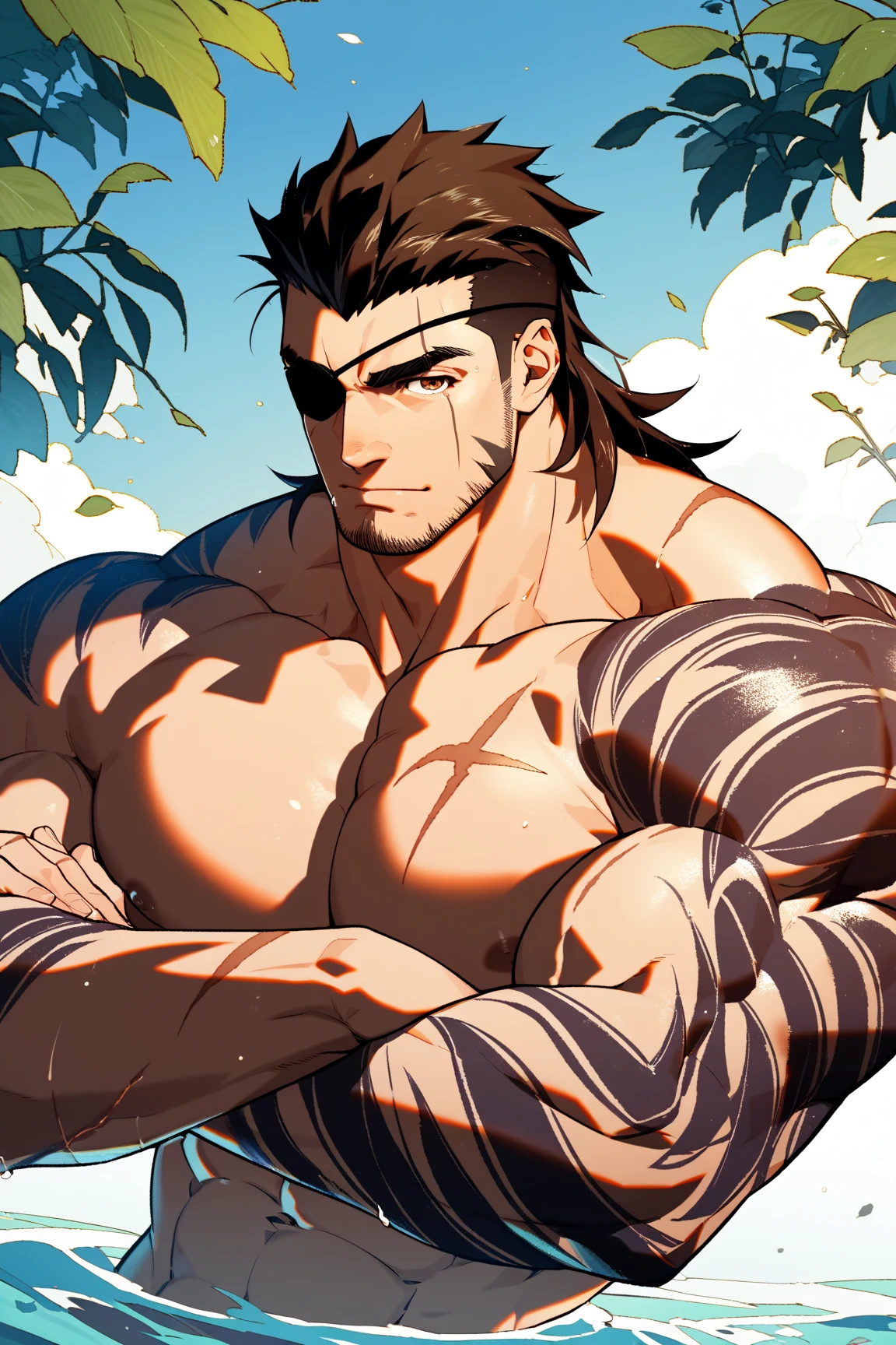 (barefoot),(barefoot),Youthful feeling,( Tattoo),(Thick body hair),(He was wearing baggy shorts,Revealing his length, muscular, Hairy legs),(Very prominent reproductive organs),(Very large genitals),(Leaning against a tree),(For the audience) ,(Put his hands on his waist), (Focus on your audience) ,(There is a huge bulge in the area),sideways,Sharp eyes,(Thick dark brown hair),(Bottom-up view),Broad shoulders,Muscles protrude a lot,The crotch is bulging,(Long legs),Highest image quality,cartoon ,Anime Wallpaper,Chest muscle expansion,spread your legs,Sexy,(main part, best quality),((Exaggerated muscle bulge)),The protagonist is tall,muscular and bulky, muscular characters, Awesome and cool, tall and muscular, muscular!!, Very strong, muscular attractive men, Huge muscles, Big Muscle, Muscle Man, Anime handsome man, muscular!, Giant muscles, muscular bodies, muscular character,(Long legs covered with long, Thick leg hair),(canto da foto de baixo para cima) (imagem da mais alta qualidade) ,Close-up photos,Lion man ,real, jovem, , vestindo shorts, virilha saliente, imagem de anime, Leaning against a tree, pernas bem abertas, male face, bonito rosto jovem, cabelo subcortado, huge muscle muscles of the chest, large strong thigh muscles, Biceps Sinewy muscles, Corpo enorme, corpo tonificado devido ao treinamento intenso, Well-developed muscles, ABS transparente de 8 embalagens, 3 metros de altura, topless, , pele brilhante, rede de suor pingando, (hands on thighs), bare feet, Sem barba,Thick Legs,