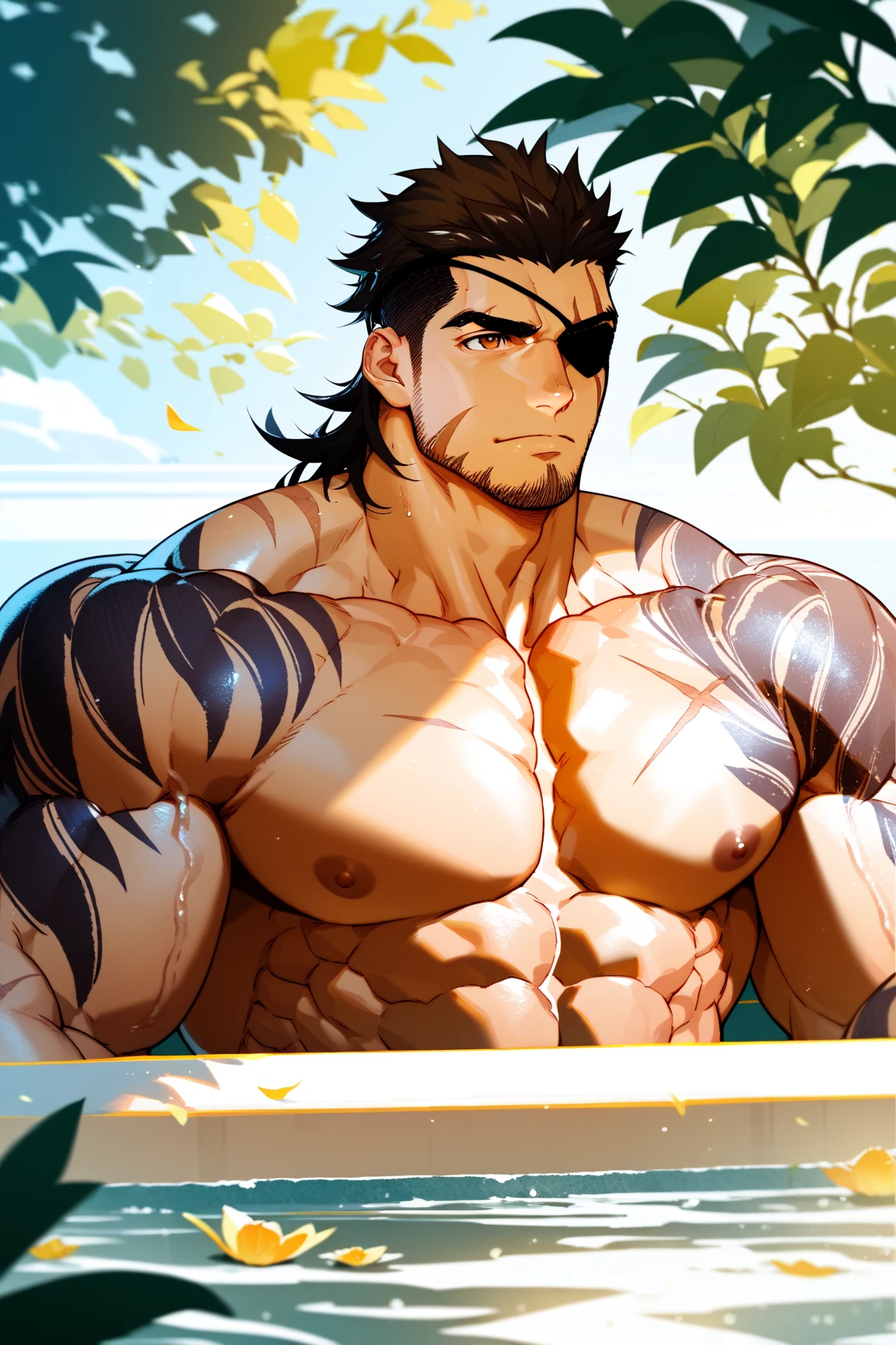 1man, musclar Knight, parted bangs, upper waist, 40yo, brown hair, evergreen eyes, thick brown eyebrow, sanpaku, tanned skin, small eyes, heavy weight mature, stocky waist, male high ideal ratio body proportions, ordinary father, masculine, naked mature kight, BREAK black swim bikini, topless, off shot, male nipples, abs, thigh, small bulge, fullbody, solo, looking side, soft smile, sexy posing, seaside, from side, in gentle sasaki style, visual novel, 2010s, extreme all detailed, masterpiece, best quality