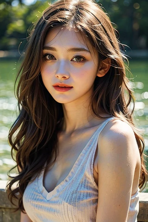 extreme close-up of beautiful korean female, 34 inch breasts size, wavy medium hair, wearing black and pink sport bra, at outdoor gym, bokeh background, UHD