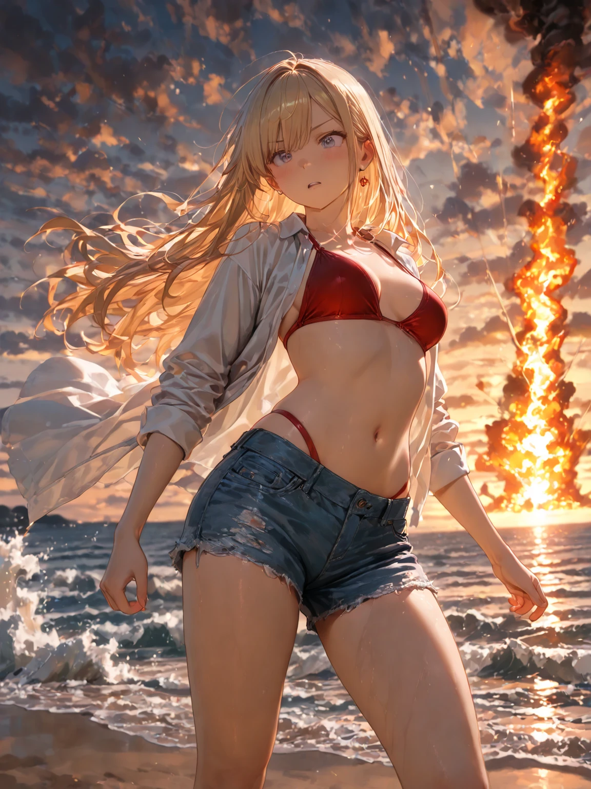 Giantess with firm , long sexy legs, yellow hair and in a bikini is lying on the ground, while the city at her feet burns in flames for the destruction she has caused, while the tiny people climb on her body to try to defeat her uselessly. Giantess, goddess, macrophilia, curvaceous body, hentai, fetish, sexy legs, bikini, high heels, high quality