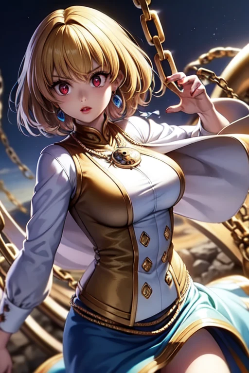 a tired girl with short orange hair, mint green eyes, with shadowy eye makeup, bandages around chest, black key through her head, in a background of golden keys and chains