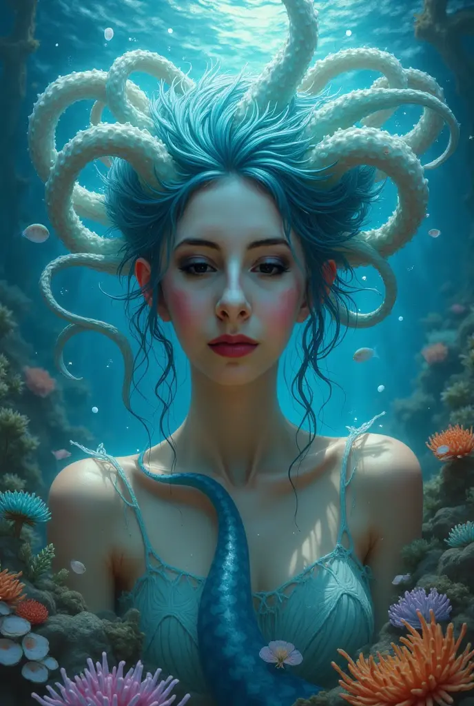 cinematic photo of a pale girl with volumous aqua octopus tentacles in her head, she don't have strand of hair, she don't have hair, beautiful octopus woman, (she have octopus tentacles in her head:1.3), (female cute face with square shape:1.2), beautiful futuristic tentacles style, medusa's long flowing tentacles, portrait of teenage medusa, green eyes, golden laurel wreath, some tentacles are touching her , octopus goddess, tentacles growing from her face, covered in tentacles, young as jellyfish, beautiful female gorgon,(Close portrait:1.3),(feminine:1.4),(beautiful:1.4),(attractive:1.3), perfectly detailed eyes,studio lighting,themed background. 35mm photography, film, Bokeh, professional, 4K, Highly detailed, midle shoot body