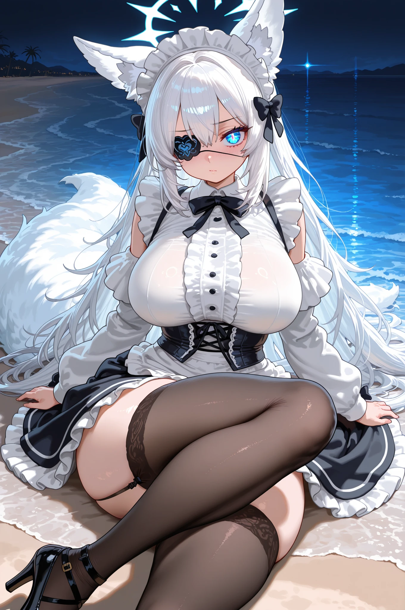 Long Hair, Light Blue Hair, Yellow Eyes, Heart pupils, bare shoulder, Fox Ears, 9 Tails, Big Boobs, Wearing Black Dress, Long Stocking, Nighttime, Wearing Black Gloves, Inside a house