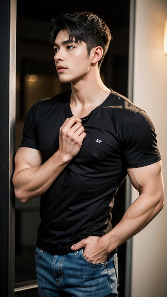 ((Men only)), (cowboy shot), (tanned black Handsome muscular young man in his 20s), ( wearing a yellow outfit), (Chris Redfield), yellow hair, Mischievous smile, (detaile: 1 in 1), Natural muscles, HIG quality, beautidful eyes, (Detailed face and eyes), (Face、: 1 / 2), Noise, Real Photographics、... ................................................................................................................PSD, Sharp Focus, High resolution 8K, realisitic & Professional Photography, 8K UHD, Soft lighting, High quality, Film grain, FujifilmXT3