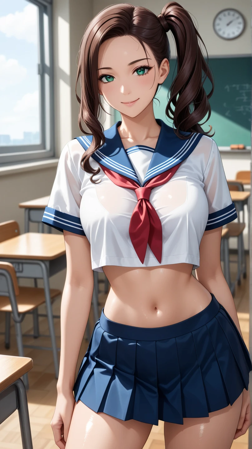 (Photorealistic, masutepiece, Best Quality, Raw photo:1.3)、1girl in, 18years old,Solo,school girl, Long hair, Brown hair, Detailed face, alluring face, Detailed beautiful eyes, medium breasts,(underboob:1.3),(coverd nipples:1.1),(loos sailer uniform :1.35), ( Perfect body skinny beauty: 1.4),( temptation Pose:1.3), (Looking at Viewer, front view,eyes focus:1.2), Detailed background, classroom,fine detailed, intricate detailes,  Ray tracing, depth of fields, seductive smile,classroom