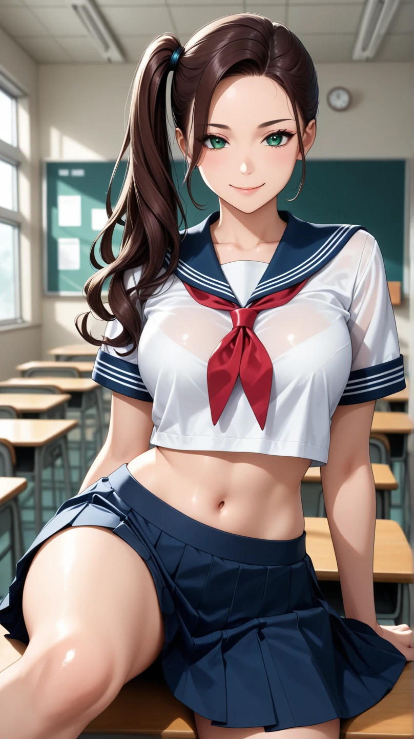 (Photorealistic, masutepiece, Best Quality, Raw photo:1.3)、1girl in, 18years old,Solo,school girl, Long hair, Brown hair, Detailed face, alluring face, Detailed beautiful eyes, medium breasts,(underboob:1.3),(coverd nipples:1.1),(loos sailer uniform :1.35), ( Perfect body skinny beauty: 1.4),( temptation Pose:1.3), (Looking at Viewer, front view,eyes focus:1.2), Detailed background, (sunset:1.2), classroom,fine detailed, intricate detailes, Ray tracing, depth of fields, seductive smile,classroom,