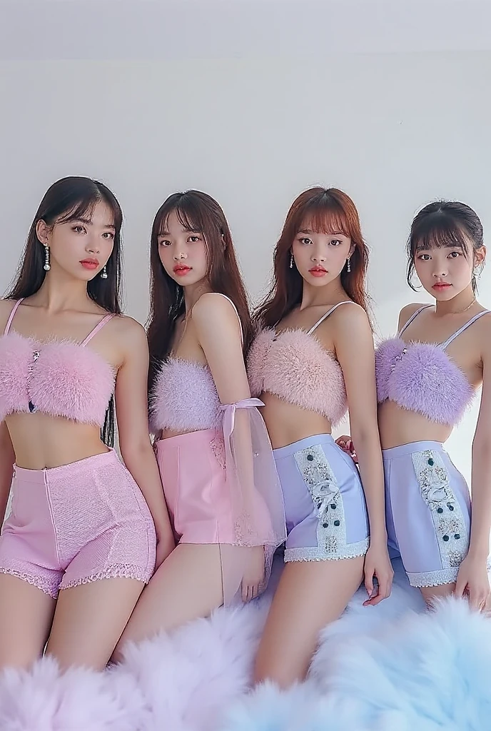 three very beautiful elves sitting in the ground, one has white skin, has long purple hair that fades to pink, another is white skin, redhead and the other is black with straight cream-colored hair.  They are dressed only in panties and a bra.  The 3 girls are kissing eachother