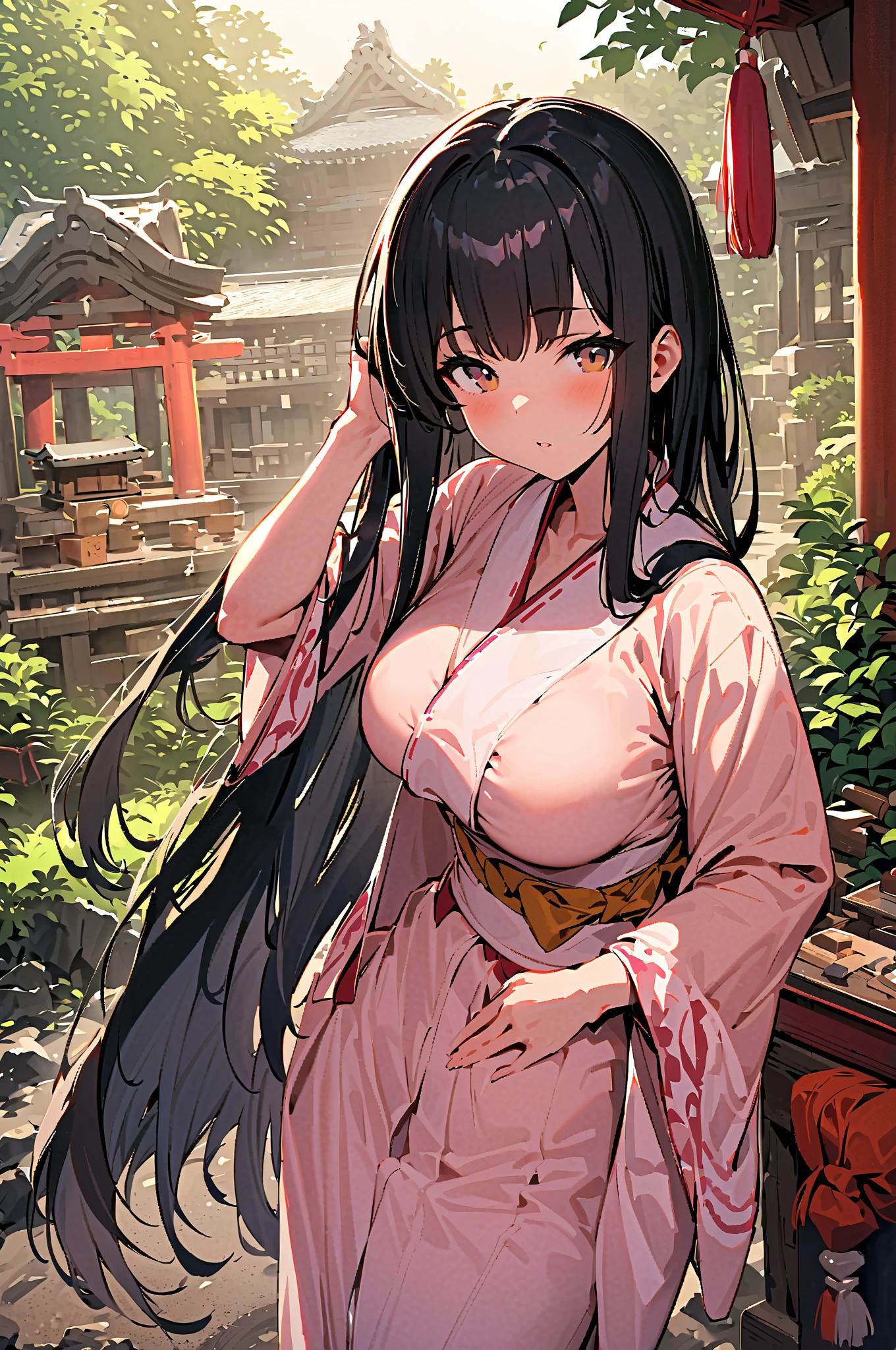 A beautiful woman, detailed red eyes, By the wide water, during, She is wearing a white kimono with red details., some shorts, japanese village at night, front view, blush, perfect hands, good anatomy, curvy, she has a golden katana.