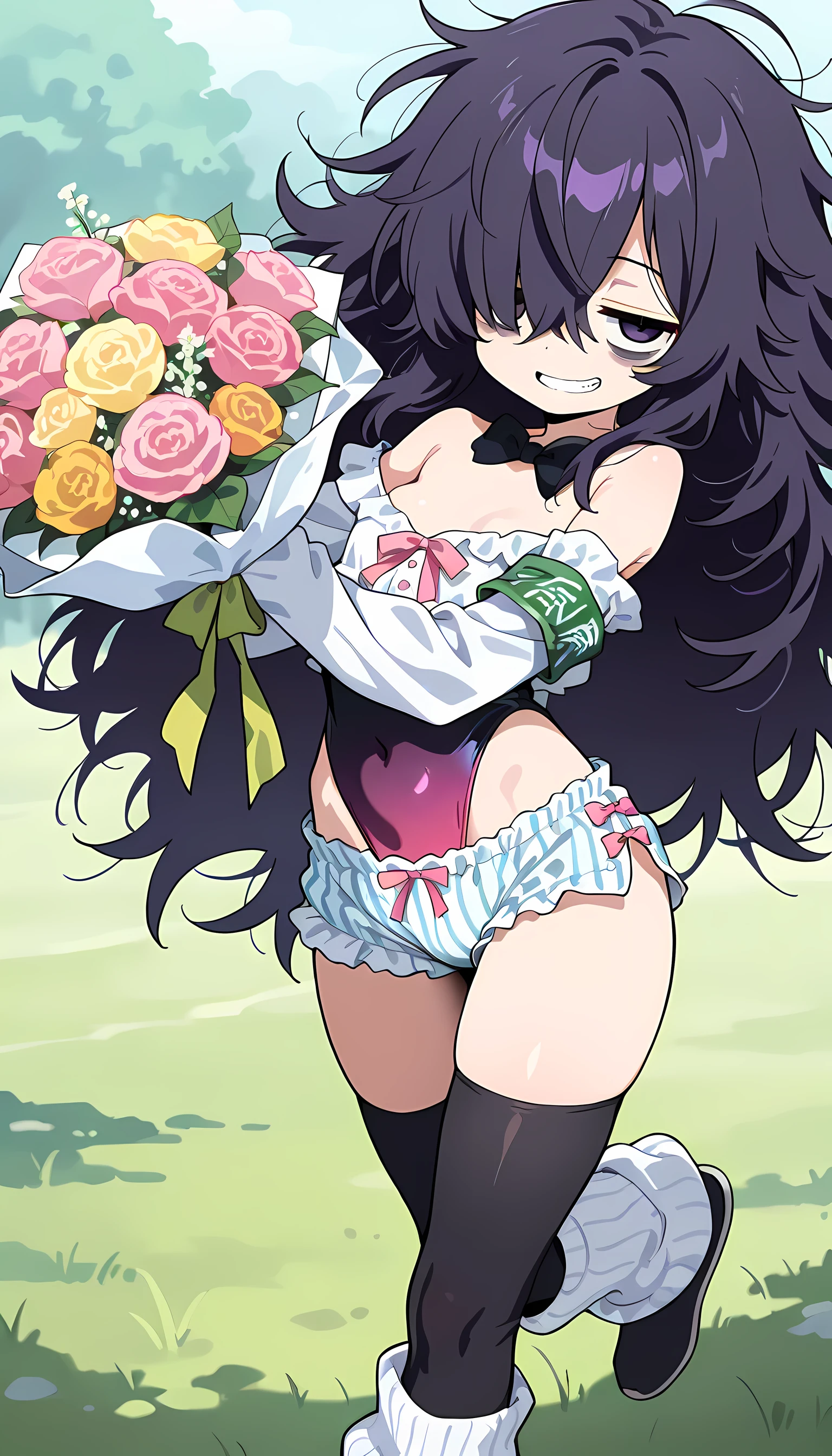best quality,best resolution,(fluffy anthro furry :1.3),fox girl,green eyes,sparkle eyes,small breasts,purple long hair,curly hair,glasses,cute white dress with ribbon on back,ruffles,white long tail ribbon on ears,sunflower field,looking at viewer,full face blush,desire face,smile,open mouth,heavy breath,back view,low angle,lying,spread legs,shiny armpits,