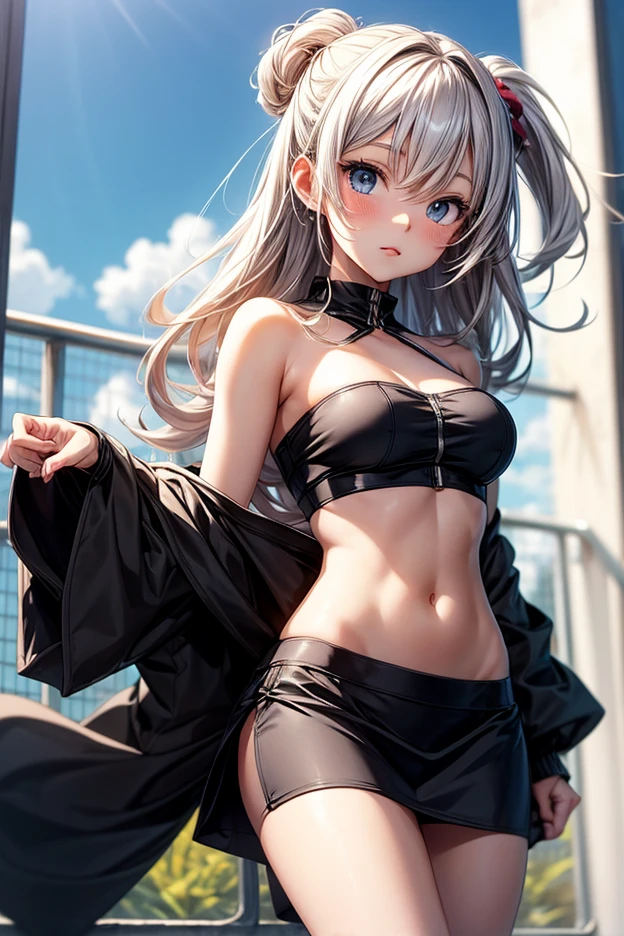 ((best quality)), ((masterpiece)), (detailed), NSFW, small breasts, prominent collarbones, skinny arms, flat stomach, visible hip bones, long hair, red hair, white hair, blonde hair, dark hair, ponytail, thick ponytail, blush、((from adove))