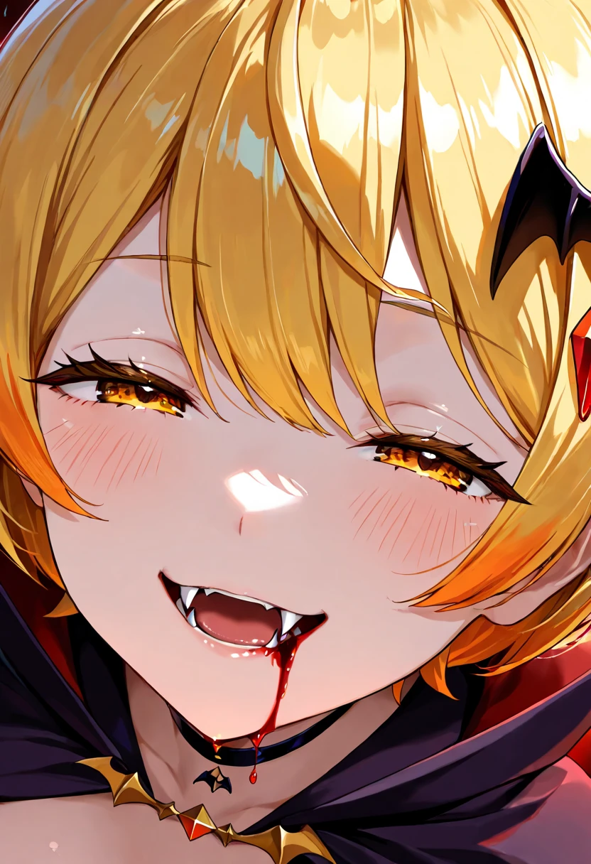 aa portrait of vampire with a bloody tear coming down from he eye, an exotic beautiful female vampire, blond  hair color, dynamic hair style, ultra detailed face, best detailed face, (silver eyes: 1.3), ((1single red teardrop: 1.3)), ((tear drop made from blood)), ((teardrop coming down from the eye: 1.3)), small cleavage, wearing two black diamond earrings, Ultra-high resolution, High Contrast, (masterpiece:1.5), highest quality, Best aesthetics), 16K fantasy art, best details, best quality, highres, (ultra wide angle: 1.2), 16k, [ultra detailed], masterpiece, best quality, (extremely detailed), ladyshadow, magical sky, crying style, vampire teeth