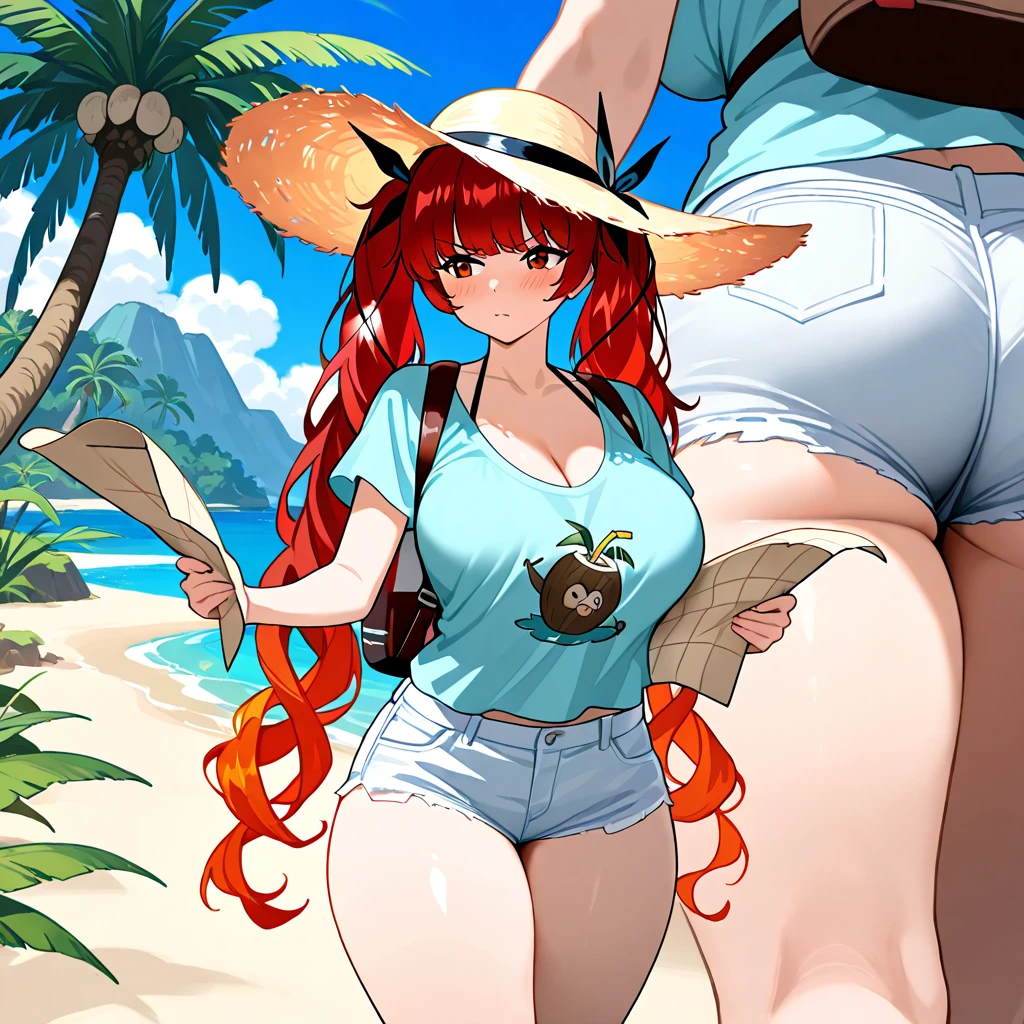 best quality, masterpiece, highres, detailed, perfect anatomy, <lora:Detail - add_detail:0.2>, <lora:Judie_OiaL-10:1>, Judie_OiAL, braid, low ponytail, brown hair, large breasts, orange bikini beach, freckles, brown eyes, 1girl, cowboy shot, embarrassed, tube top,