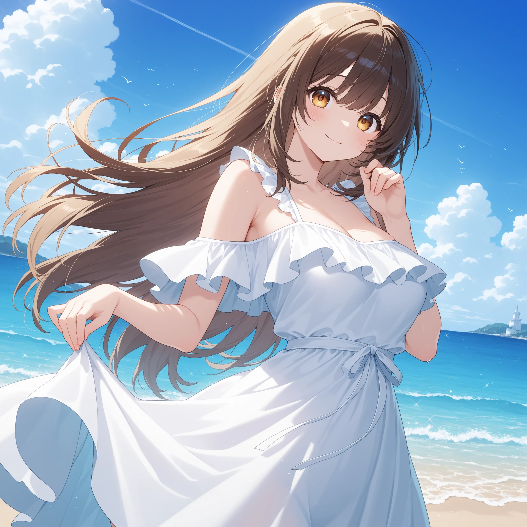 8K、Raw photography、top-quality、masterpiece:1.2)、Illustration Touch、ultra-detailliert、超A high resolution、(wide-angle lens)、女の子1人、posterior view、silhuette、dark brown hair、White sandy beach、nigh sky、milkyway、dress simple、a straw fedora hat