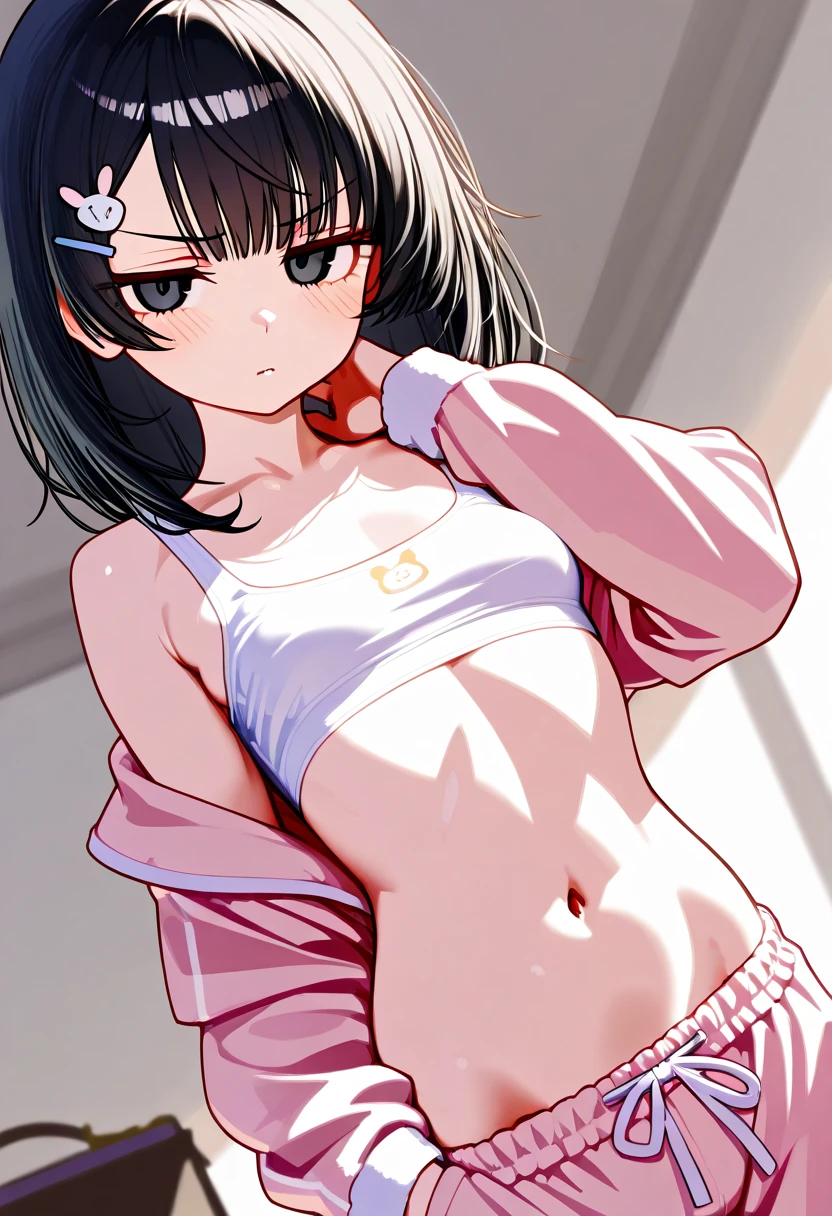 (corruption), full body, 1girl,small breasts,blush,(ahegao),collarbone,trembling,sweat,sweatdrop, hmmarnie, wearing a short , no shirts, bra