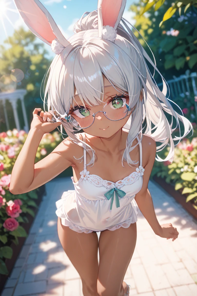 best quality,best resolution,(fluffy anthro furry :1.3),(young :1.6),cat girl,flat chest,white hair,long hair,purple eyes,glistering eyes,glowing eyes,(brown skin :1.6),(white cat ears),(white cat tail),glasses,heart collar,floral hair ornaments,(white strapless with ribbon embroidery),(white denim shorts),public park,light and shadow,among the crowd,full face blush,heavy breath,heart expression eyes,heart eyes,sexy face,close eyes,smile,bare belly,smile,looking at viewer,two hands selfie,close up,face to face,one eye closed