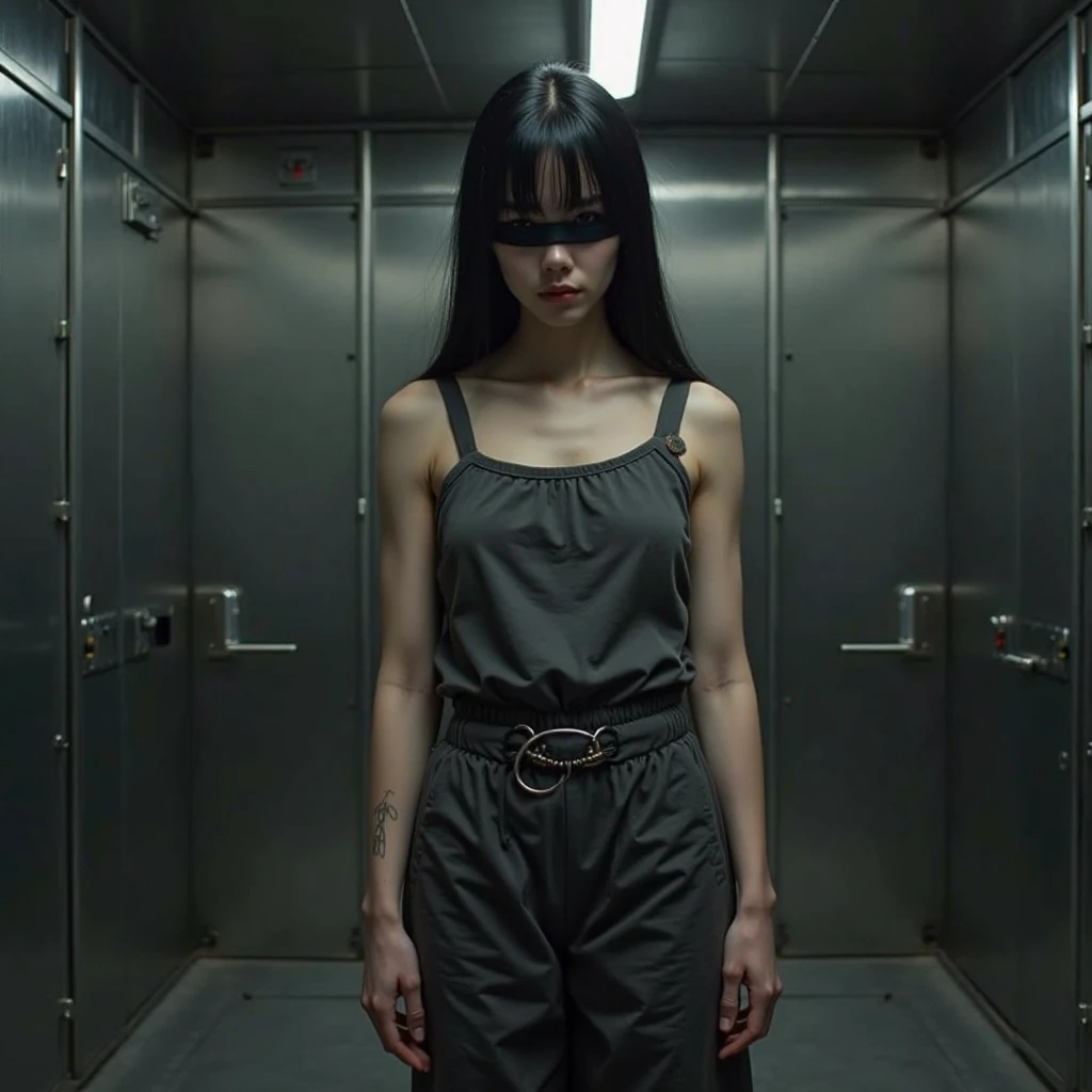 a woman sit barefoot in a prison cell, very thin body, body visible bones, very slender, sweaty wet body, pale white skin, , ,tatto, full body, has a mental breakdown