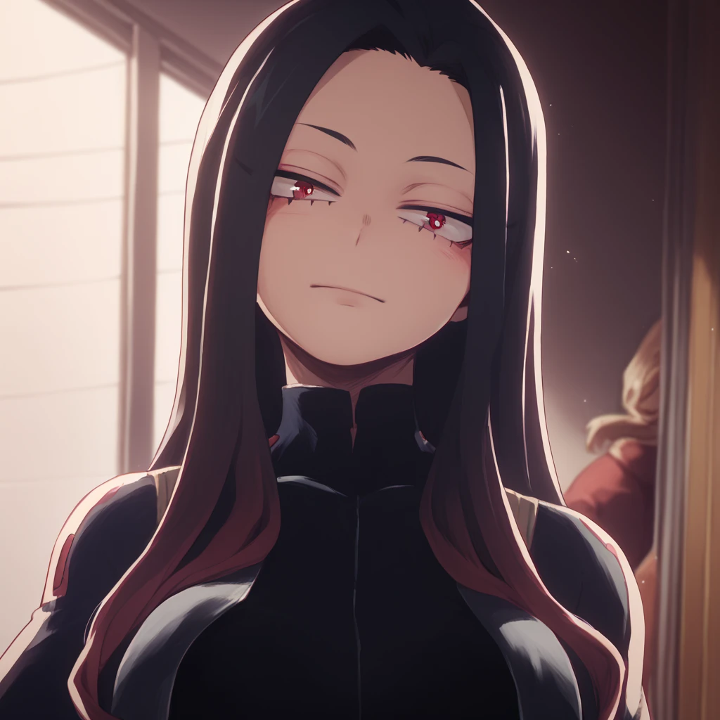 Girl, Long black hair, Sharingan eyes, black turtleneck outfit 