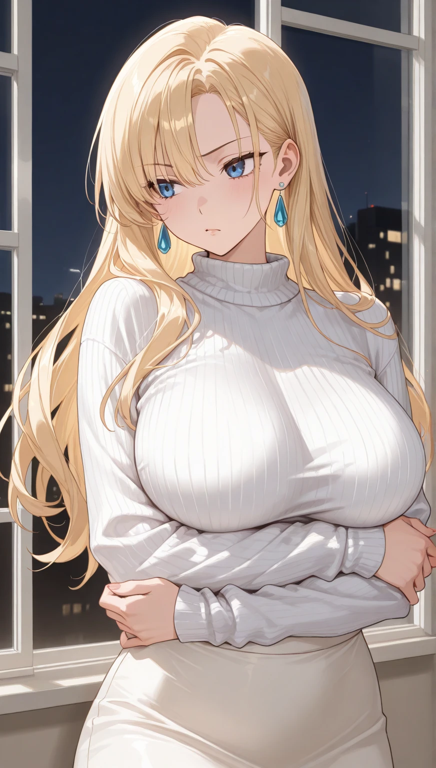 (masterpiece: 1.3、Highest quality、Ultra-high resolution、Very detailed)、(Real、Photorealistic: 1.4)、Beautiful illustrations、Perfect lighting、Natural light、Depth of the Boundary、Beautifully detailed hair、Beautifully detailed face、Beautiful details、Beautiful body、Firm breasts、Beautiful thighs、Beautiful clavicle、Beautiful legs、Beautiful Hands、Show to the viewer、One girl、Very cute 、(Perfect Anatomy、Anatomically correct)、Cute and symmetrical face、Baby Face、Perfect Face、Perfect Eyes、Shiny skin、Blonde Hair、((Long Hair))、((Straight Hair))、Long eyelashes、((Big blue eyes))、(Very large and powerful breasts)、((Cleavage))、juicy thighs、Attractive thighs)、(Beautiful night cityscape seen from the window)、((indoor、Blurred night cityscape seen through a large window))、(Cute Smile、Red cheeks、Open lips)、((Off-the-shoulder sweater))、((Off-the-shoulder knit))、Cowboy Shots