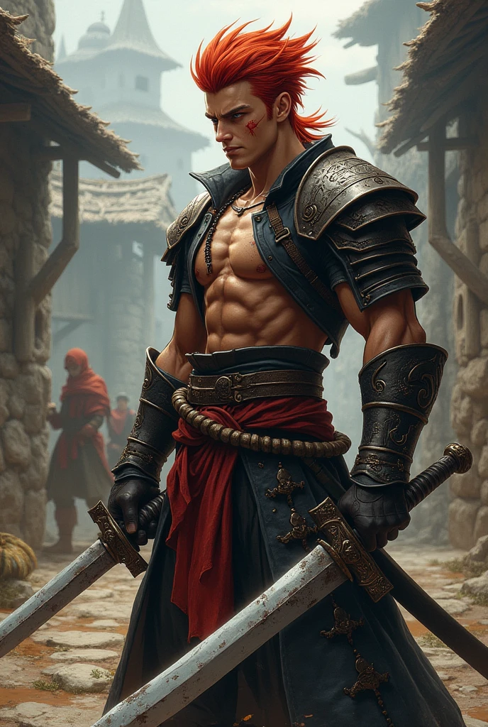 ((Masterpiece)) ((Ultra-detailed)) An 19 years old boy, Red mullet hair, Scar on eye, Perfect figure, perfect muscle, shoulder, bicep, tricep, holding heavy sword, perfect art, at battlefield on sunset
