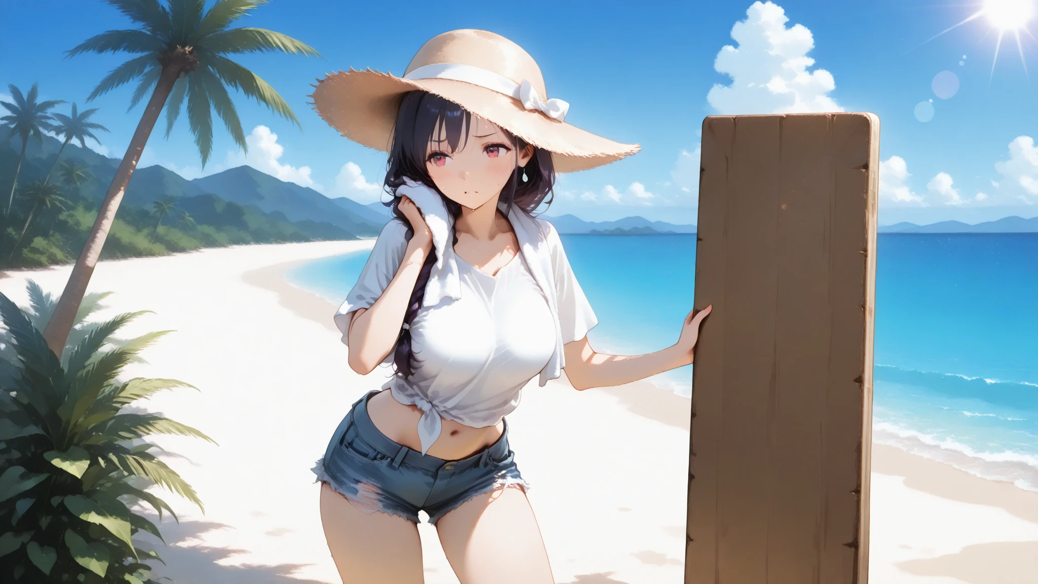 (Highest quality), (masterpiece),(High resolution), alone, (avalanche_Soso no Furien:1.10), (avalanche), One girl, Mouth closed,  looking at viewer, Small breasts, (tube top), (denim skirt), Hands on hips, (white side-tie panties), (show off panties), sitting, Cowboy Shot, beach,