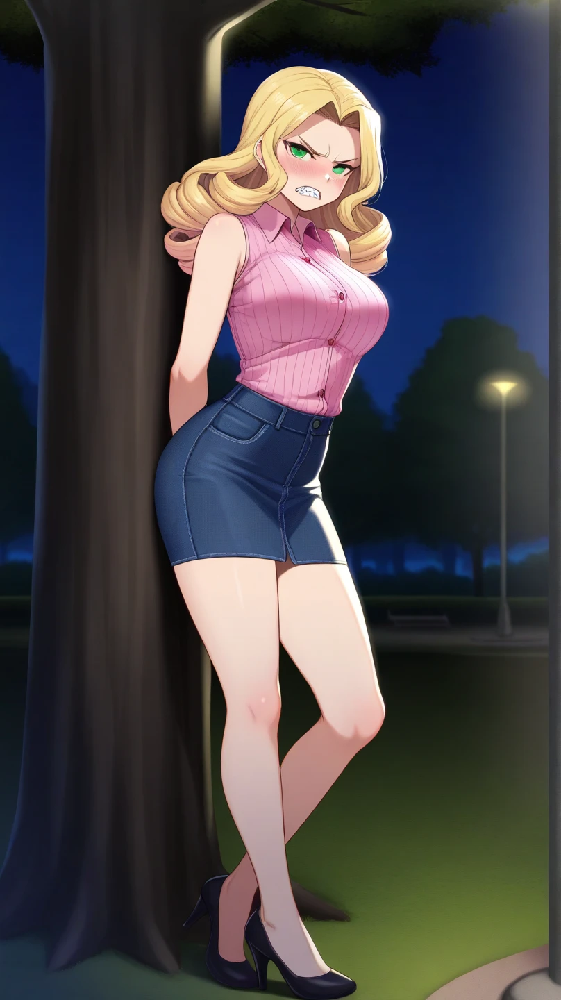 (masterpiece:1.37), best quality, (extremely detailed:1.37), (1girl:1.5), woman, (mature:1.5), (adult:1.5), cynthia, blonde hair, jeans, (extremely detailed eyes:1.37), (wetting self:2.0), desperation, standing, embarrassed, humiliation, blushing, angry, cherry blossoms, garden, (golden hour:1.5), full body