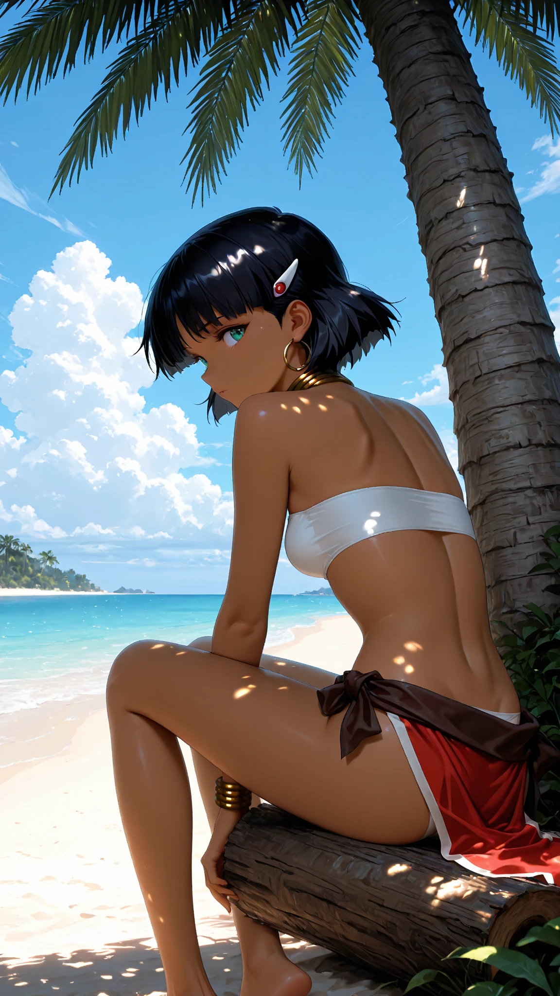 tropical island, beach, palm trees, ocean, beach ball, sand, sky, clouds, sun, sun light, (masterpiece), best quality, 8k, 4k, hd, hires, best quality, masterpiece, ultra-high detailed, hyper-detailed, intricate details, photo-realistic, beautiful details, studio lighting, detailed clothing, highly textured clothing, satin lighting, hyper resolution, insanely detailed, dark skin woman,