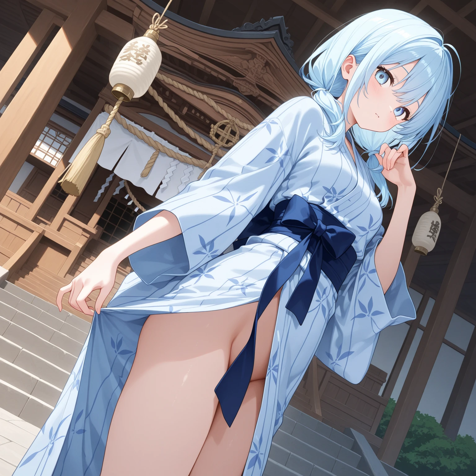 (masterpiece, best quality), 3 elven girld, ( collar bone, bare breasts, nipples, navel, clotch, thigh), view from side, (light blue hair, twin tails ,very long hair is floating ), hair between eyes, multi colored hair,hair flower ornament ,blush, aqua eyes, superb smile , large breasts,(bare lower half of body ),japanese ryokan , walking, having a chat , light aqua color of yukata , light green color of yukata, light pink color of yukata, open yukata,((((open front of the yukata wide )))), unbuttoned ,while walking ,no yukata obi, no bottom ,no lingerie