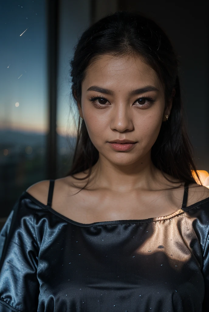 woman in a dress, night city, black hair, longeyelashes, light smile, makeup, heart in eye, drop shadow, anaglyph, tachi-e, pov, atmospheric perspective, super detail, best quality, UHD, textured skin, high details, 16k