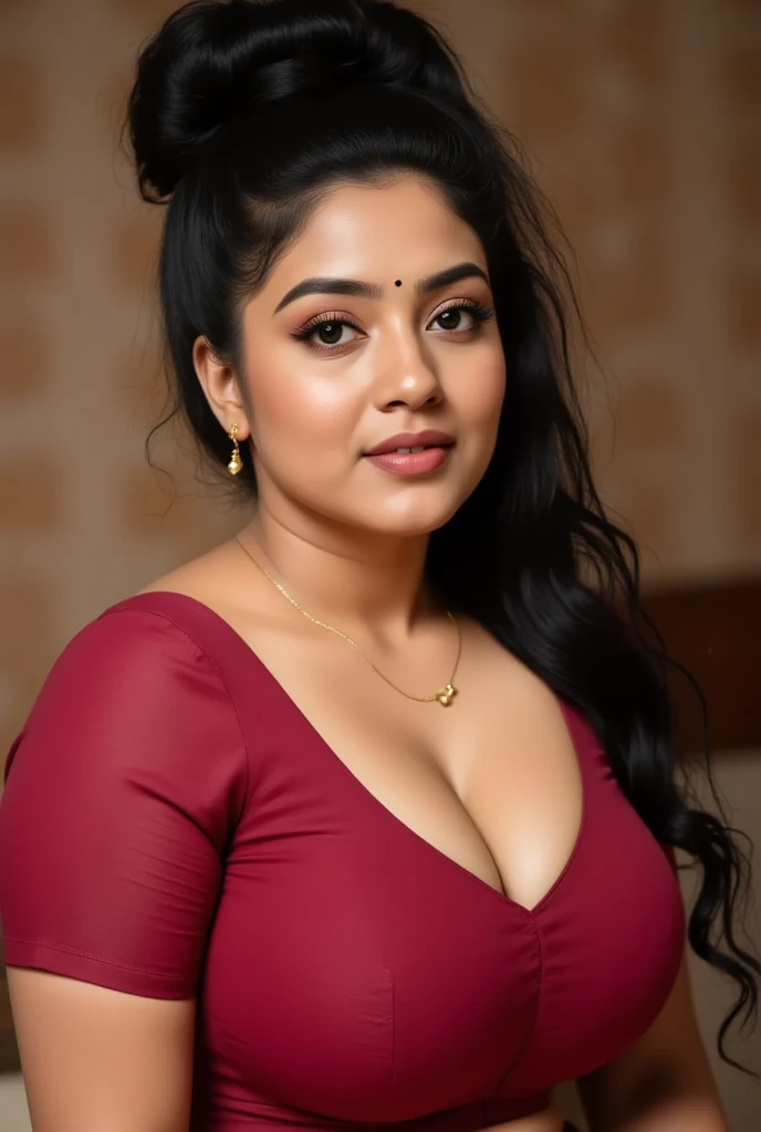 13 years old, cute little face, hot Indian tamil cute girl, light rose wide lips, nose piercing, wearing red random types floral v_neck mini dress cord set outfit having big hipster, thick thighs, big curve breasts and curvy body dress straight hair, yallow eyes, light pink hair , long hair , s , looking_at_the_viewer, at room